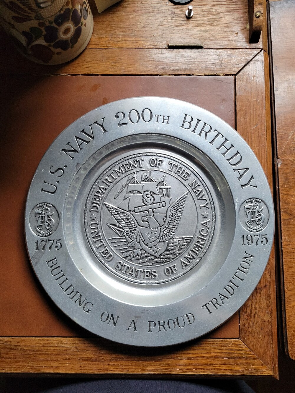11.75ʺ US Navy 200th Birthday Lg Metal Pewter Plate 1775-1975 Wilton Columbia US